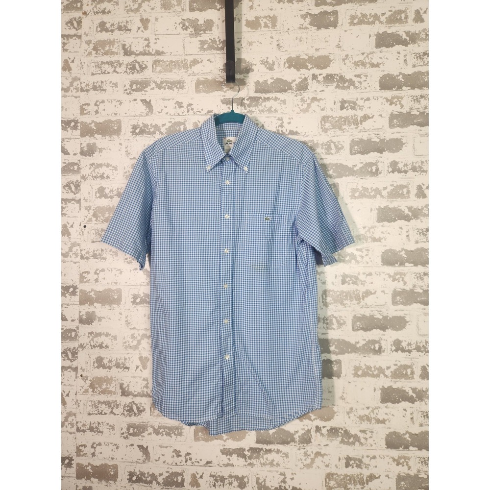 Lacoste Shirt Mens 40 Med Blue Gingham Short‎ Sleeve Button Down Logo Preppy